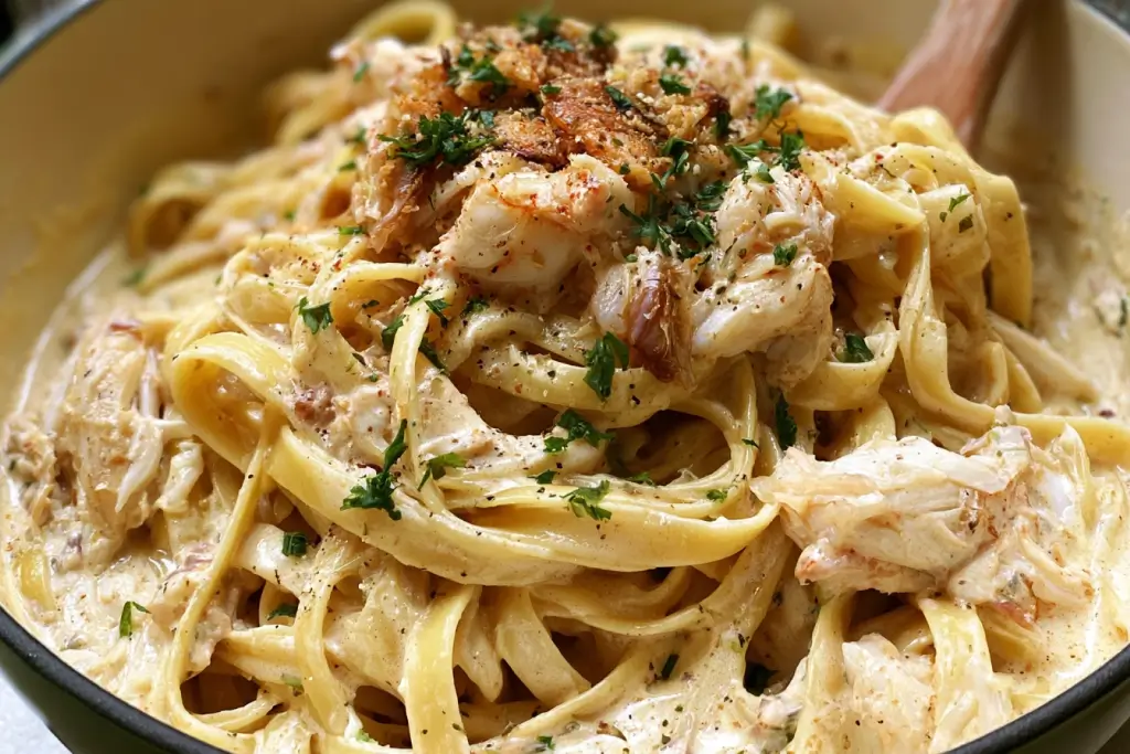 Crab Meat Fettuccine Alfredo with creamy Parmesan sauce and crab