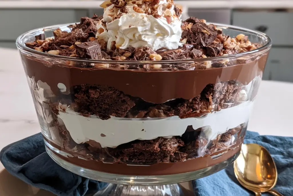 Death by Chocolate Trifle with chocolate cake, pudding, and whipped cream