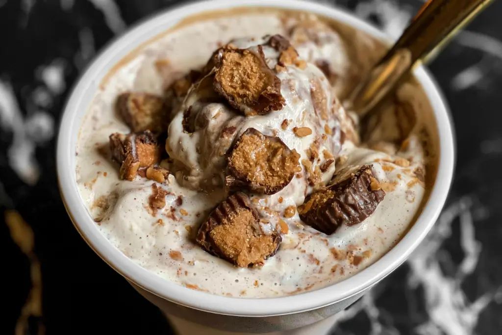Reese's Peanut Butter Cup Pie Blizzard with creamy vanilla ice cream