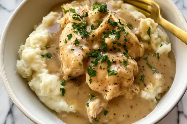 3 ingredient crockpot chicken and gravy with shredded chicken