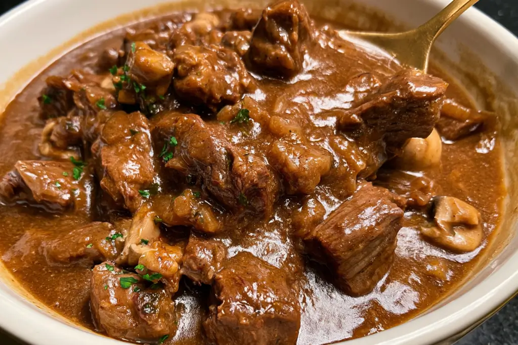 Slow Cooker Beef Tips with Gravy over creamy mashed potatoes