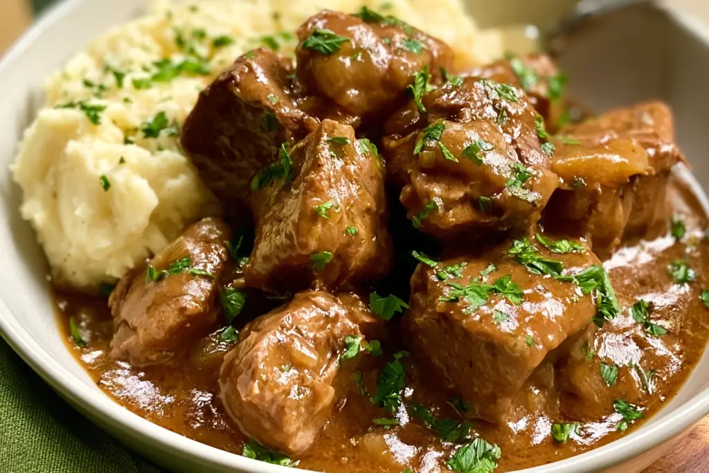 No Peek Beef Tips with tender beef and savory gravy