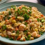 Restaurant style fried rice with vegetables and scrambled eggs