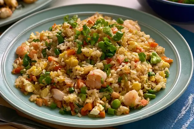 Restaurant style fried rice with vegetables and scrambled eggs