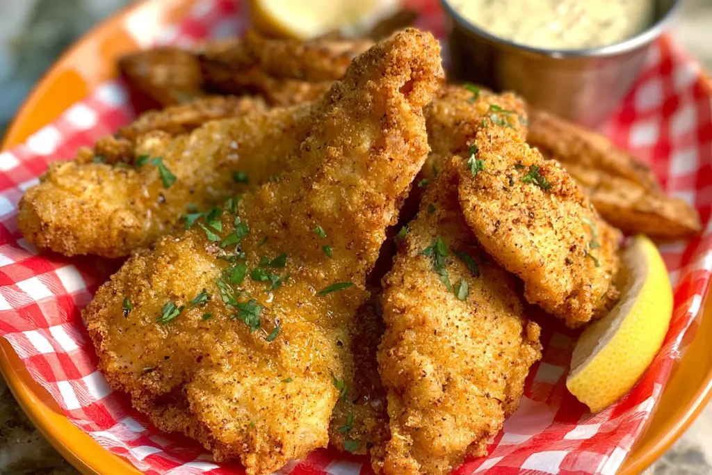 Crispy cornmeal fish batter coating golden fried fish