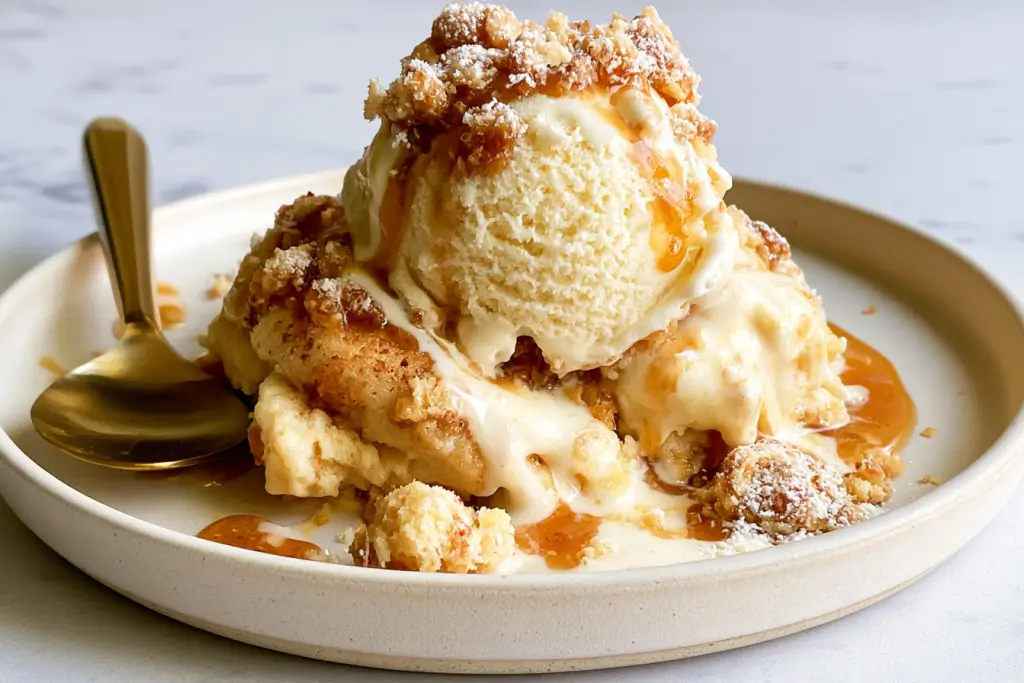 Gooey Butter Cake Ice Cream with buttery cake chunks