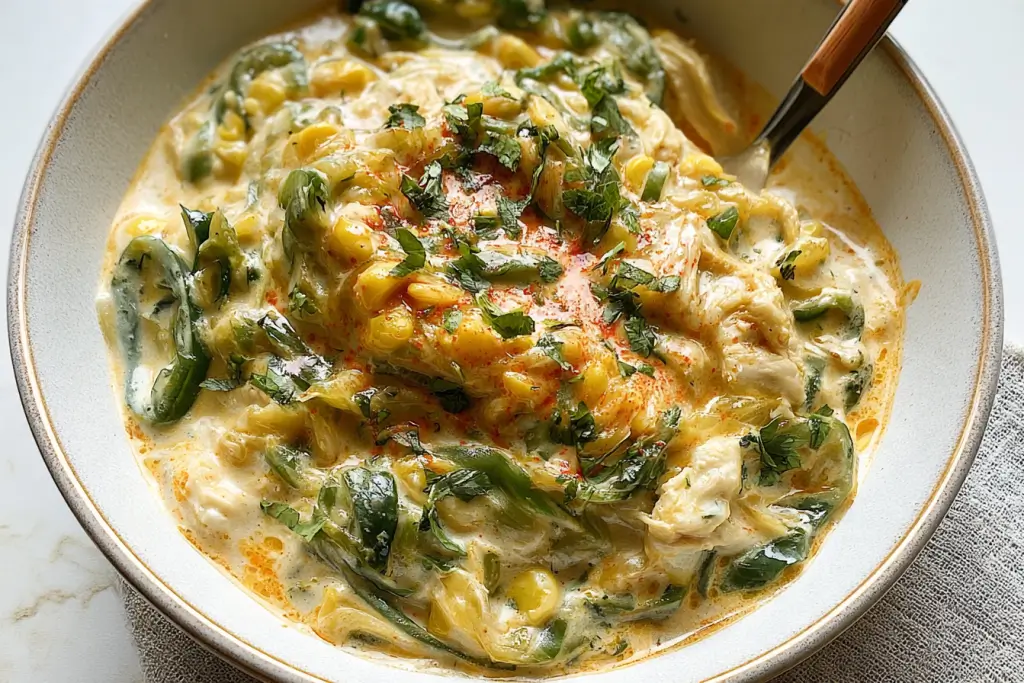 Rajas con Crema y Pollo with tender chicken and roasted poblano peppers