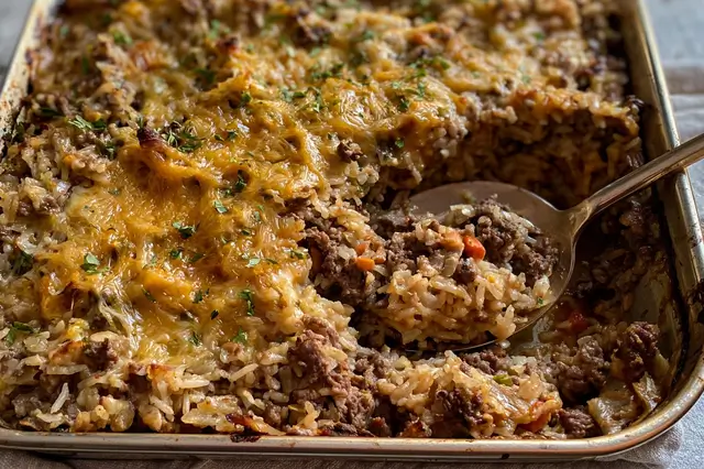 Easy hamburger and rice casserole with ground beef and fluffy rice