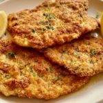 Baked chicken schnitzel with crispy golden breadcrumb coating