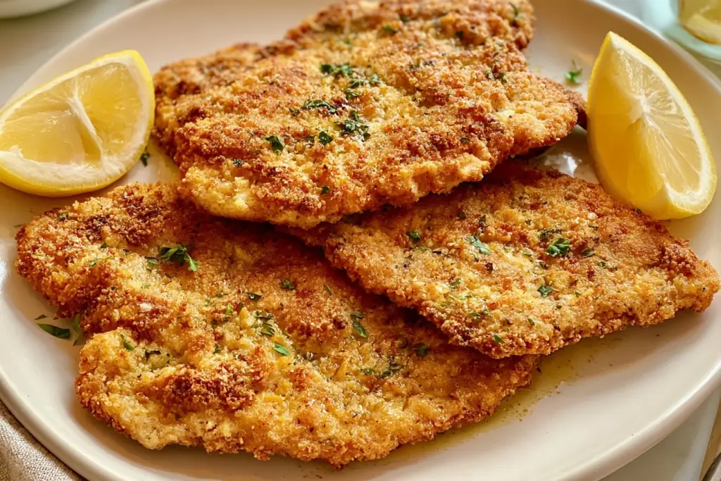 Baked chicken schnitzel with crispy golden breadcrumb coating