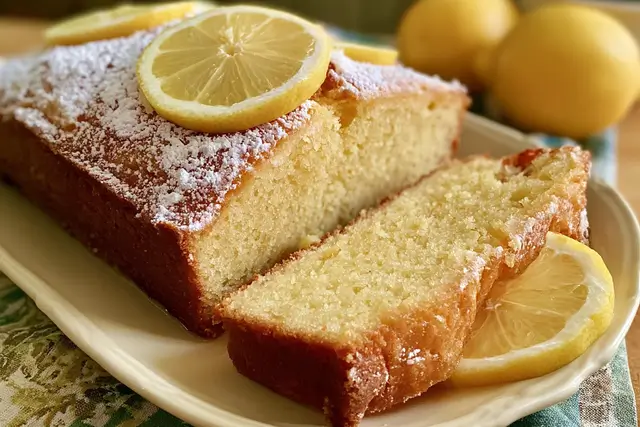 Moist lemon pound cake with fresh lemon zest and glaze