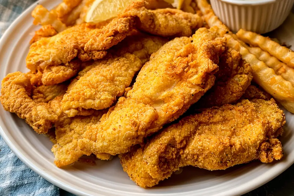 Crispy cornmeal fish batter coating fried fish