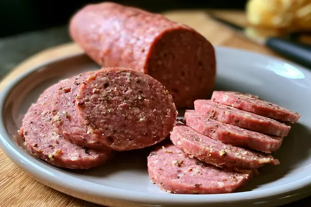Homemade summer sausage with beef, pork, and savory spices