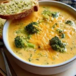 Creamy broccoli cheddar soup with fresh broccoli and sharp cheddar