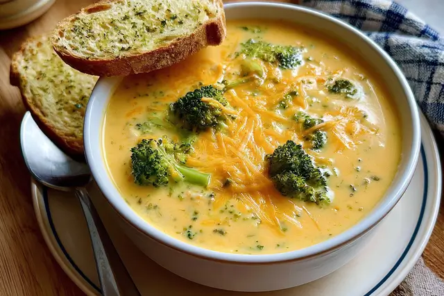 Creamy broccoli cheddar soup with fresh broccoli and sharp cheddar