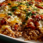 Easy hamburger and rice casserole with ground beef and melted cheddar cheese