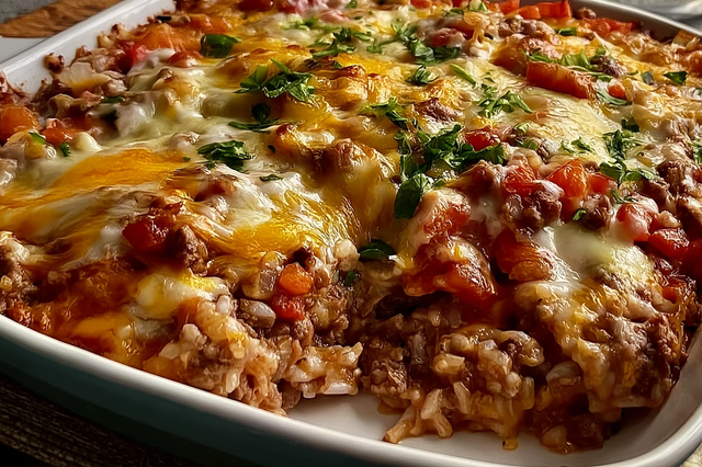 Easy hamburger and rice casserole with ground beef and melted cheddar cheese