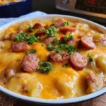 Cheesy Potato Kielbasa Casserole: Comforting & Delicious Recipe 5 Cheesy potato kielbasa casserole with tender potatoes and melted cheddar cheese