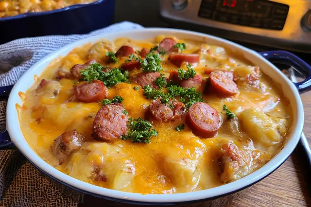 Cheesy Potato Kielbasa Casserole: Comforting & Delicious Recipe 3 Cheesy potato kielbasa casserole with tender potatoes and melted cheddar cheese