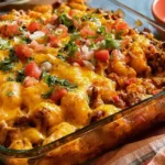 Tater tot taco casserole with seasoned beef, melted cheese, and crispy tots