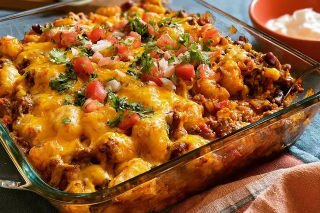 Tater tot taco casserole with seasoned beef, melted cheese, and crispy tots
