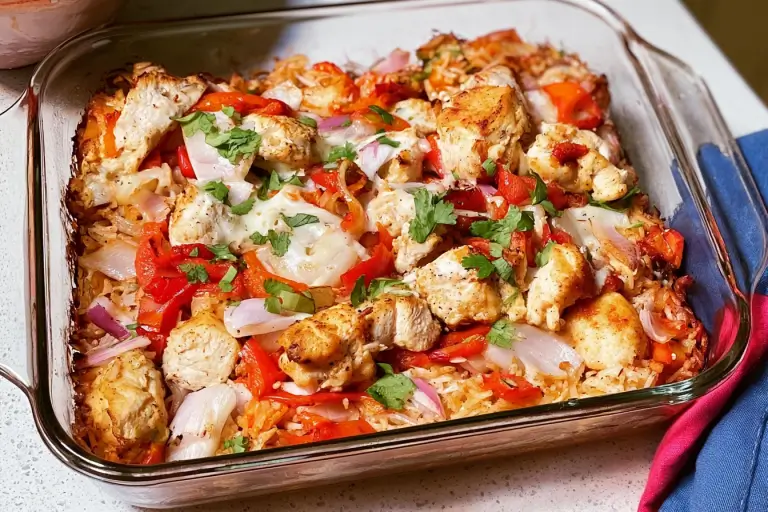 Chicken fajita casserole with rice, tender chicken, vegetables, and melted cheese
