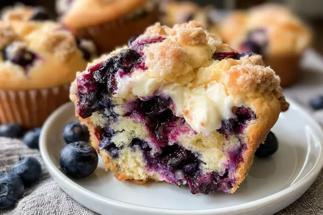 Blueberry Cream Cheese Muffins – Moist, Tangy, and Easy to Bake 3 Blueberry cream cheese muffins with juicy blueberries and creamy filling