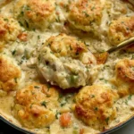 Chicken and dumpling casserole with tender chicken and fluffy dumplings