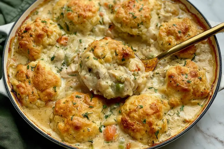 Chicken and dumpling casserole with tender chicken and fluffy dumplings