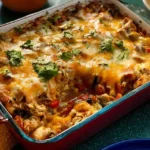 Chicken fajita casserole with seasoned chicken, bell peppers, onions, and melted cheese