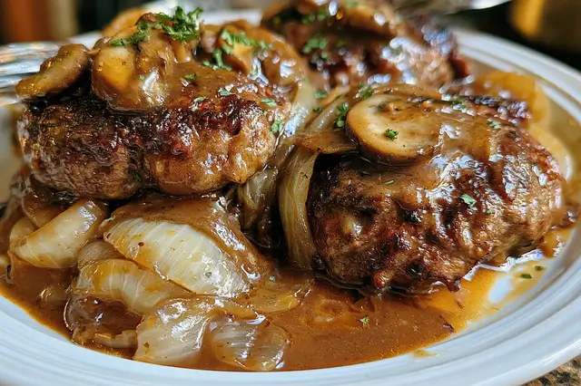 Smothered hamburger steaks with savory onion gravy