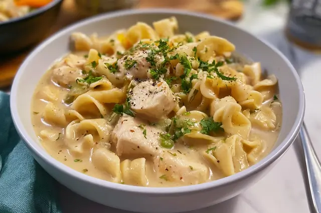 Classic chicken and noodles with tender chicken and creamy egg noodles
