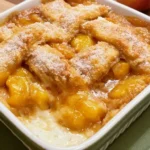 Old time oven peach cobbler with juicy peaches and golden crust