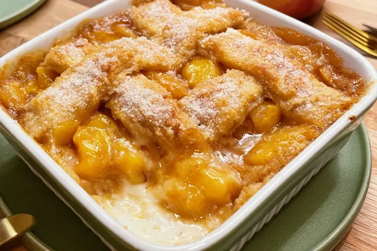 Old time oven peach cobbler with juicy peaches and golden crust
