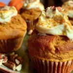 Pumpkin cream cheese muffins with spiced pumpkin batter and creamy filling
