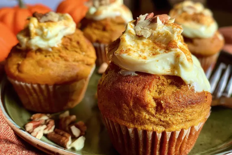 Pumpkin cream cheese muffins with spiced pumpkin batter and creamy filling
