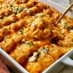 Buffalo chicken tater tot casserole with crispy tater tots