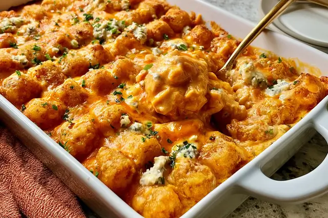 Buffalo chicken tater tot casserole with crispy tater tots