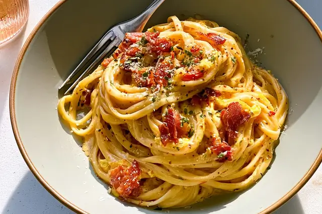 carbonara style pasta with egg and bacon