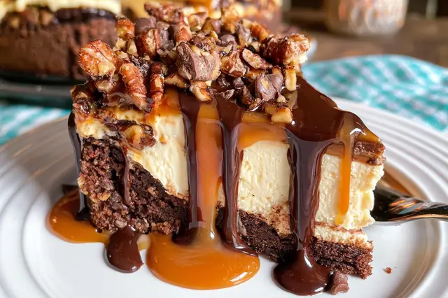 Turtle brownie cheesecake with caramel and toasted pecans