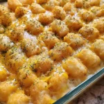 Chicken tater tot casserole with crispy golden tater tots and cheese