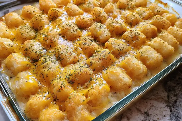 Chicken tater tot casserole with crispy golden tater tots and cheese