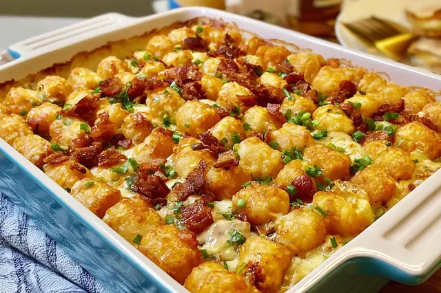 Chicken bacon ranch tater tot casserole with crispy tater tots