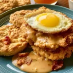 Country fried steak bacon biscuit with egg and crispy bacon