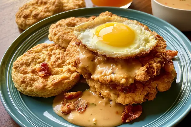 Country fried steak bacon biscuit with egg and crispy bacon