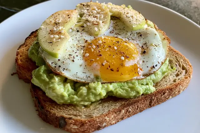 Avocado toast with egg and thinly sliced apple