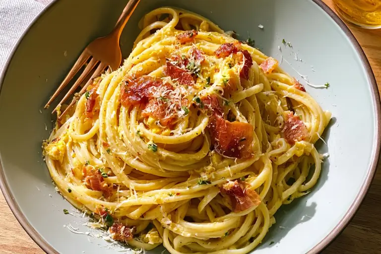 Pasta with egg and bacon in a creamy cheese sauce