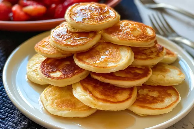 Mini pancakes stacked with maple syrup, butter, and fresh berries