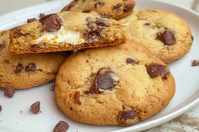 Golden baked chocolate chip cheesecake cookies stuffed with a creamy cheesecake filling.