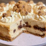 Chocolate chip cookie cheesecake featuring a cookie crust and cream cheese filling with chocolate chips.